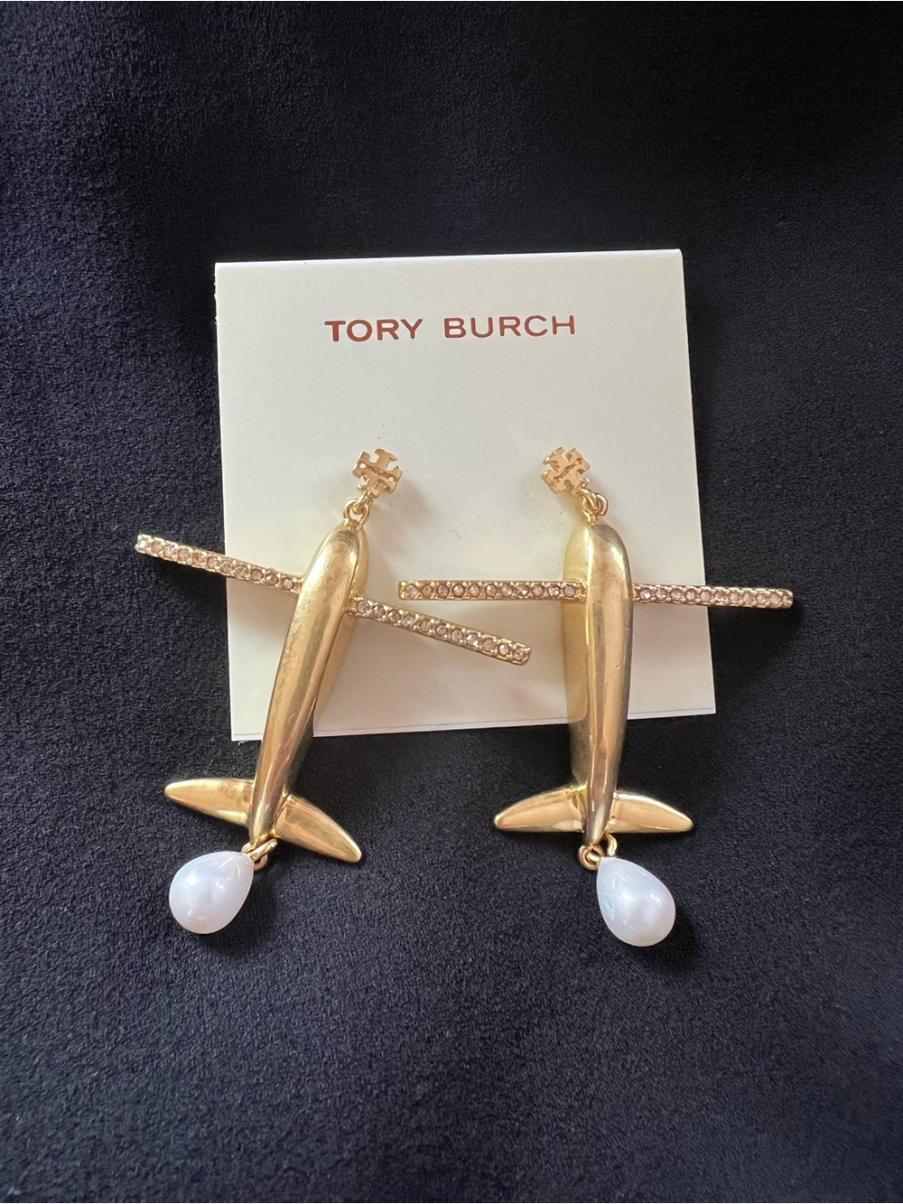 Tory Burch Gold Airplane Drop Earrings with White Pearl Teardrops